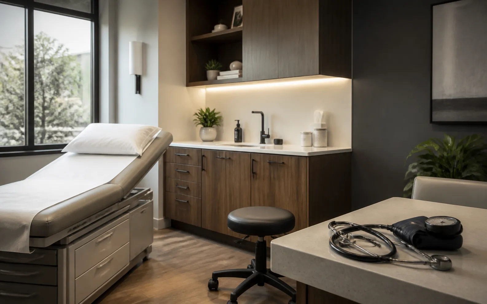 Contemporary clinic consultation room prepared for an appointment