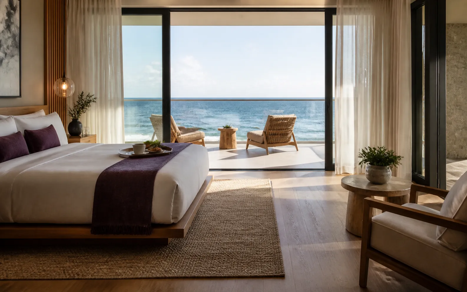 Oceanfront king suite opening onto a private balcony above the water