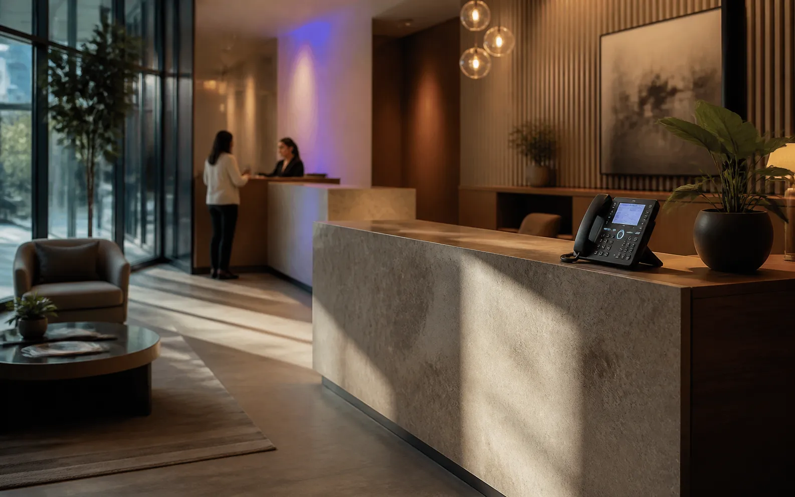 Modern professional reception with an incoming desk phone call while the team helps a visitor