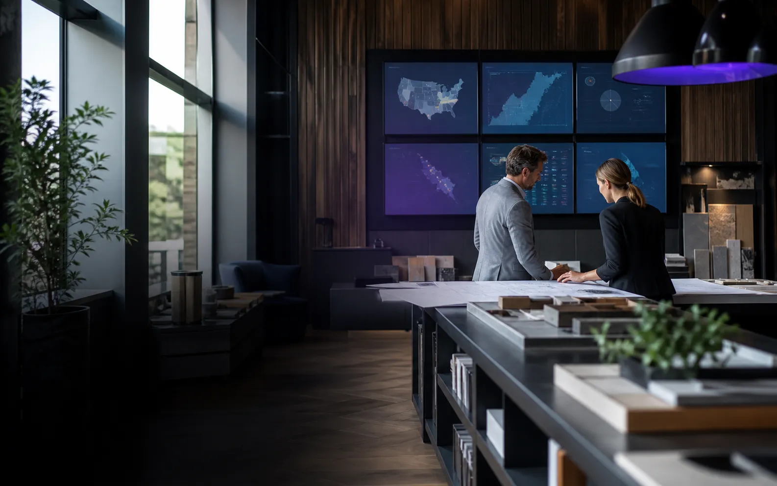 Multi-location business operators reviewing plans in a premium modern workspace
