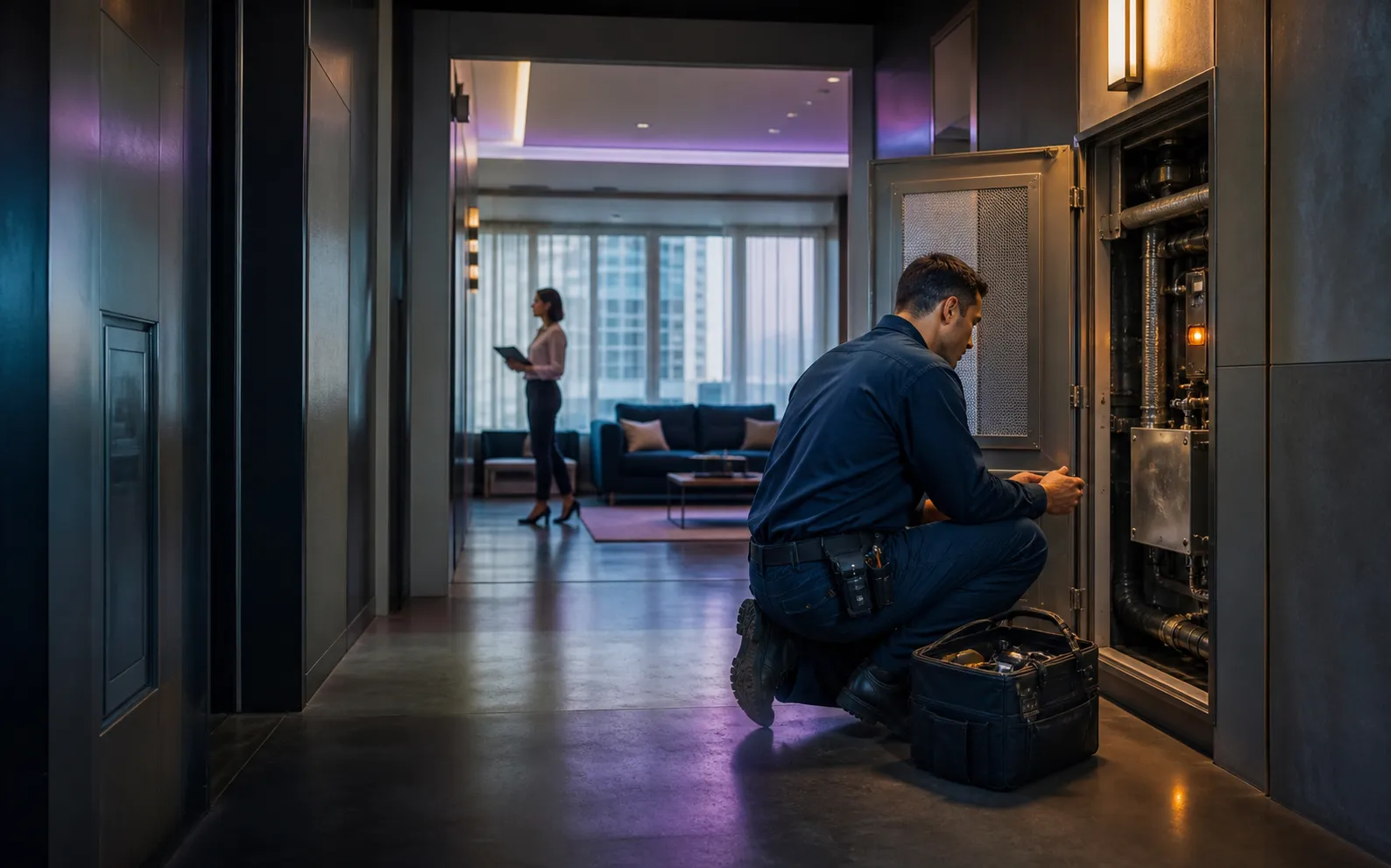 Facilities technician responding to a service issue in a premium commercial property