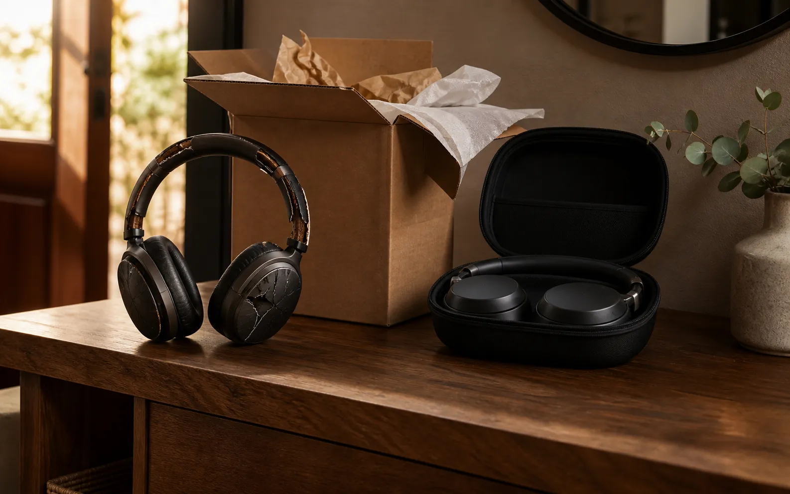 Cracked headphones beside a packaged replacement in a home entryway